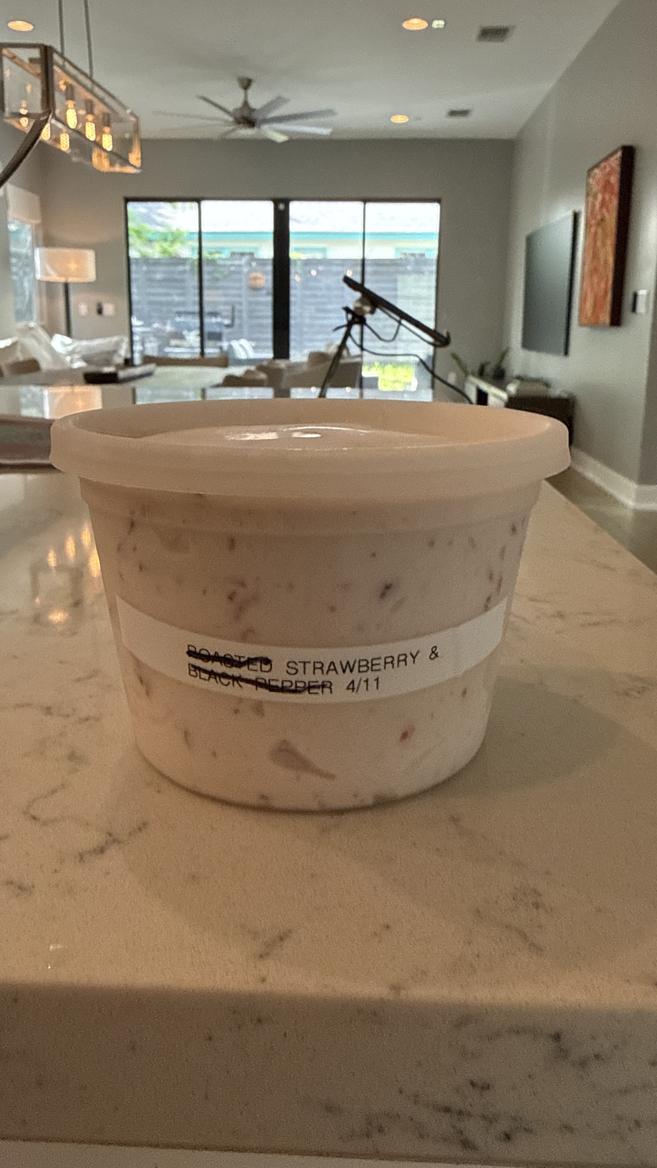 Pint labeled ROASTED STRAWBERRY & BLACK PEPPER with both descriptors crossed out